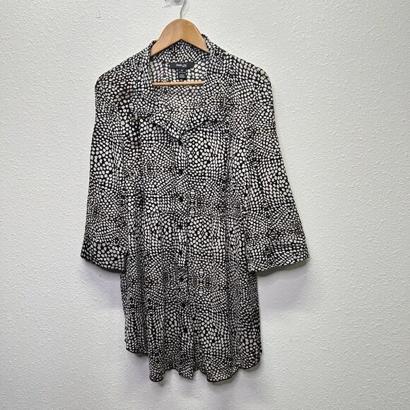 Style & Co Women's NWT 2X Black Polka Dot Button Up Nylon 3/4 Sleeve Top - Picture 1 of 13